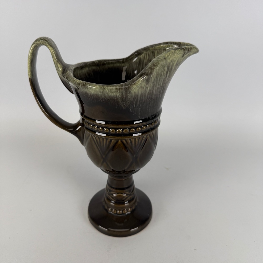 Hull USA Imperial Pottery Vintage Drip Glaze Pitcher Brown Green Footed Ewer J9